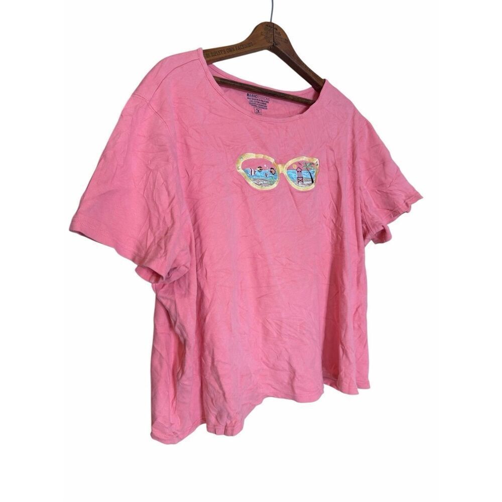 Basic Editions Embroidered Sunglasses Beach Short Sleeve T-Shirt Pink Size 2X - Picture 3 of 7
